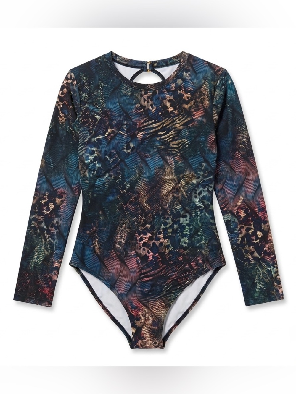 Hapari Long Sleeve One Piece Swimsuit Small 4/6 Black Abstract UPF 50+ NWOT